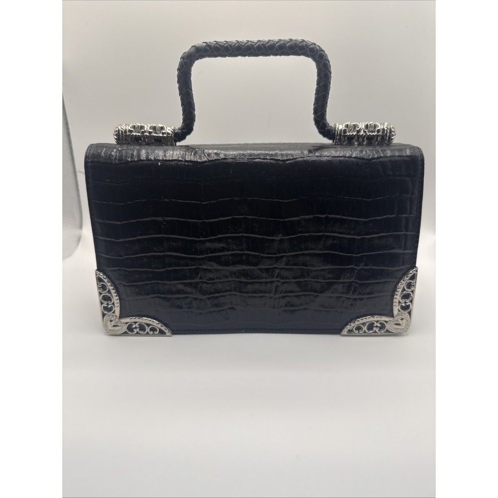 Vintage Black Crocodile Leather Handbag with Silver Accents P-5